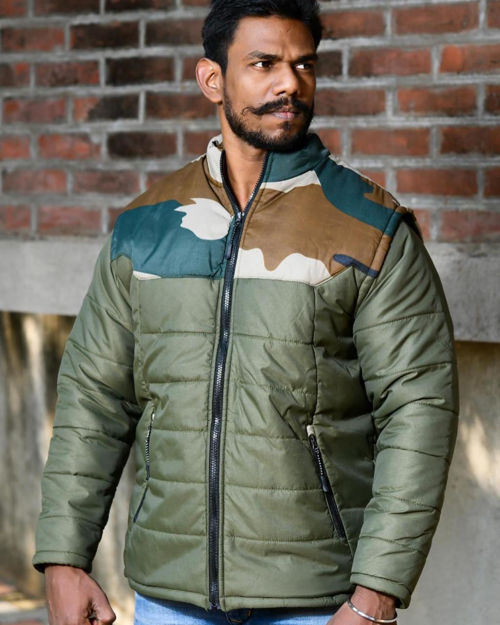 Green Half Nahar Print Camouflage Winter Jacket - front